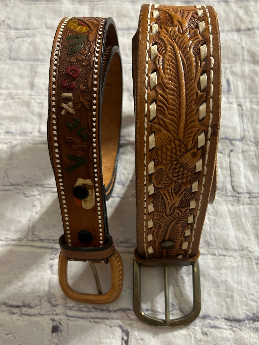 C&M LEATHER EMBROIDERED WESTERN CAMEL BEIGE WIDE AND BROWN WESTERNEMBOSSED BELTS